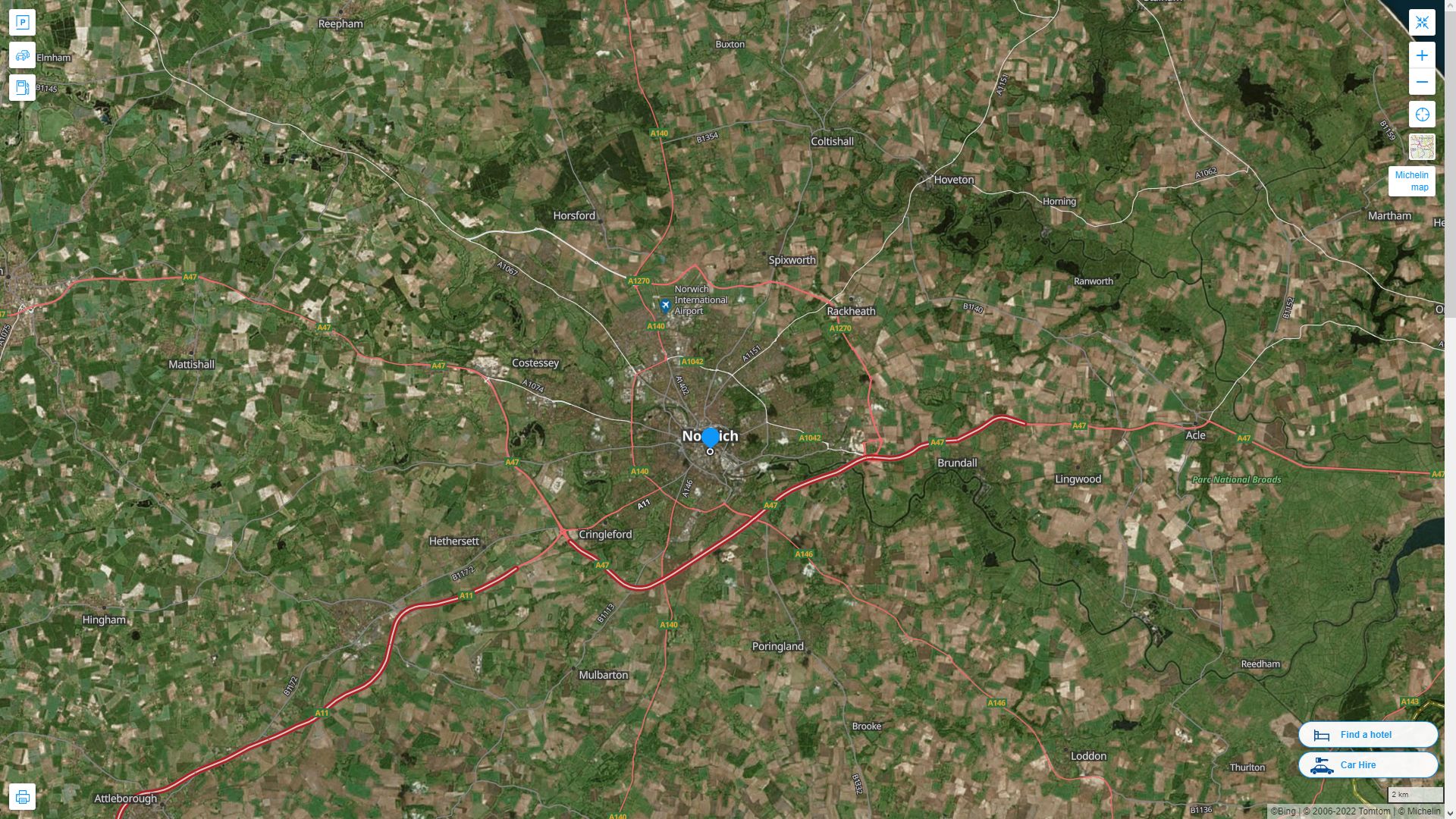 Norwich Royaume Uni Autoroute et carte routiere avec vue satellite